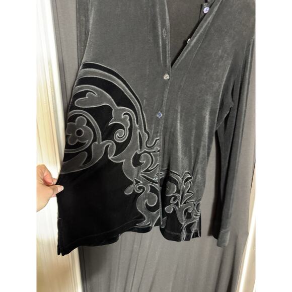 Zenergy Chicos Snap Button Black Velvet Shacket Sheer Damask Whimsigoth 1 Fairy - Picture 2 of 9